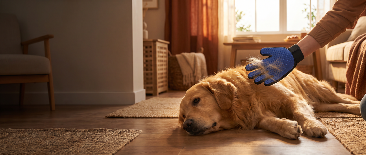 Cane accarezzato con guanto per la toelettatura Pilumo, pelo in eccesso raccolto sulle setole