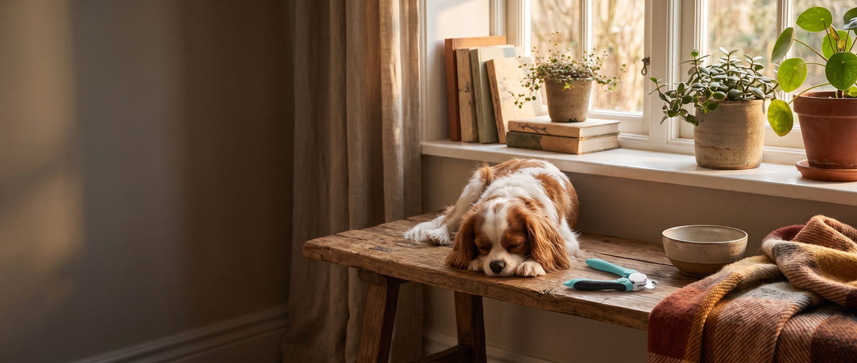 Cane accanto al tagliaunghie LED Pilumo su un tavolo di legno