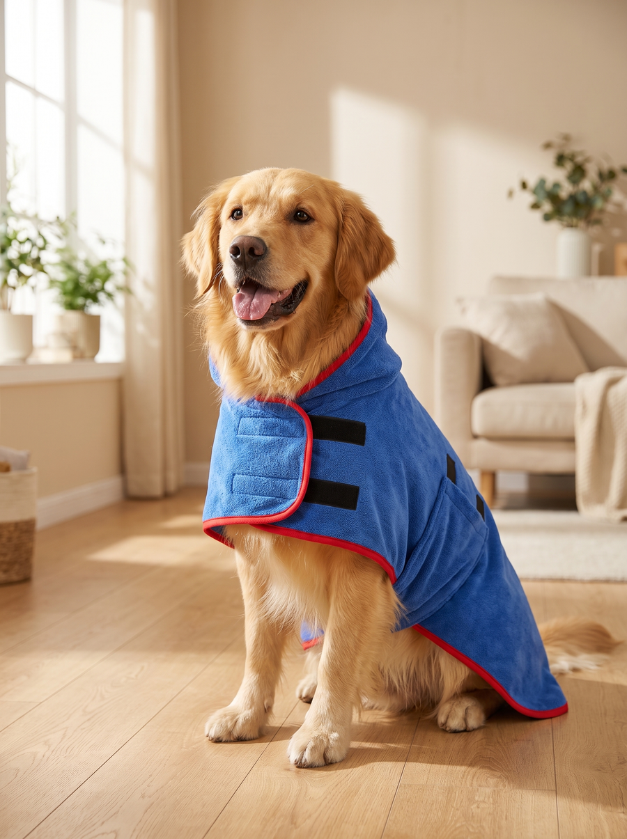 Cane avvolto nell'accappatoio asciugamano in microfibra blu Pilumo