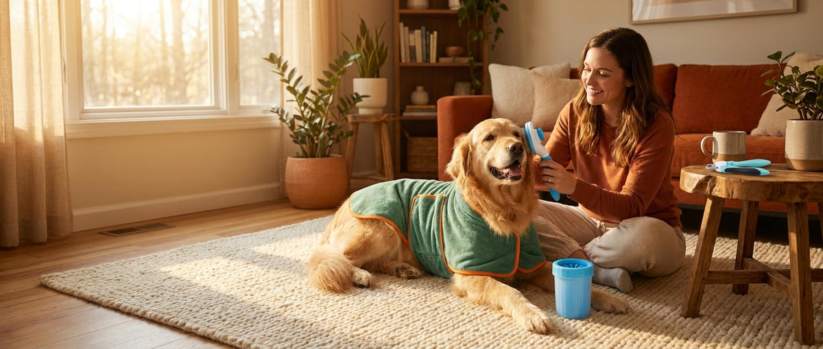 Pilumo Catalogo hero — persona con cane durante la toelettatura, prodotti Pilumo in primo piano