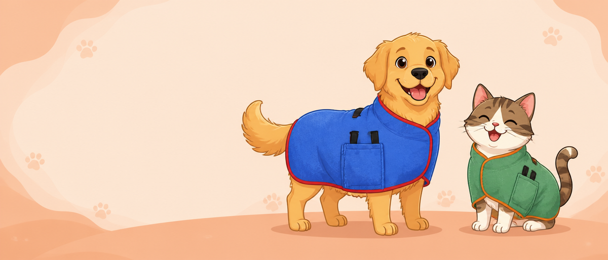 Illustrazione cartoon di un cane con accappatoio blu e un gatto con accappatoio verde in microfibra Pilumo