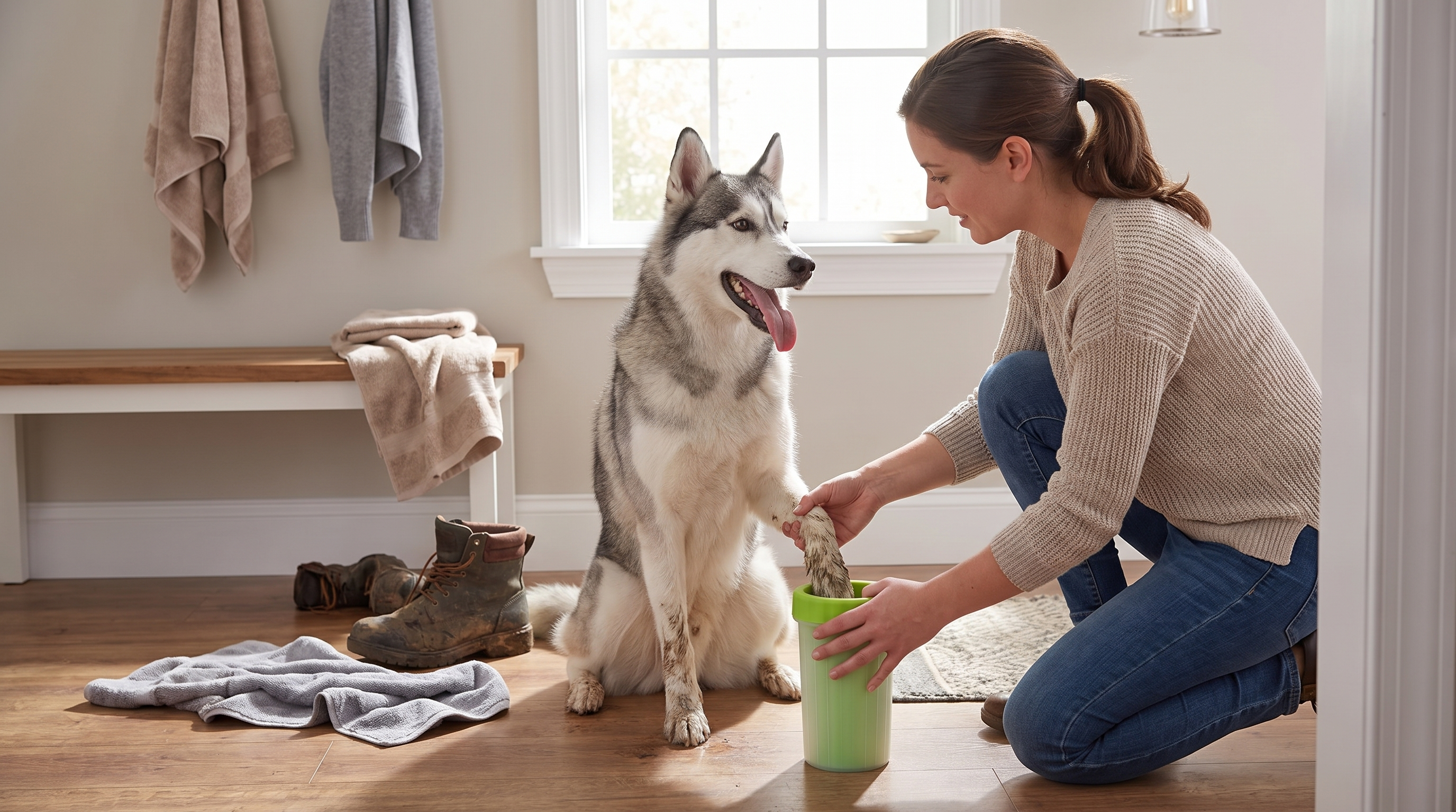 Husky con zampe pulite dopo il lava-zampe Pilumo