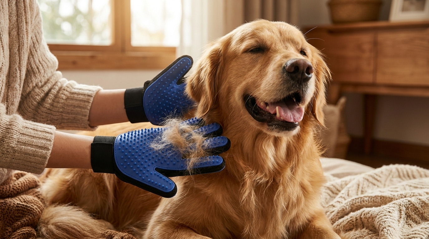 Mani con i Guanti per la Toelettatura Pilumo che accarezzano un cane