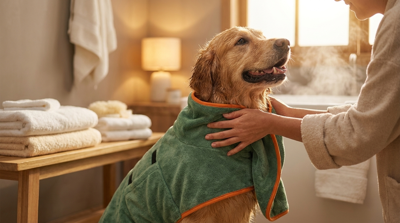 Cane avvolto nell'Accappatoio Asciugamano in Microfibra Pilumo dopo il bagno