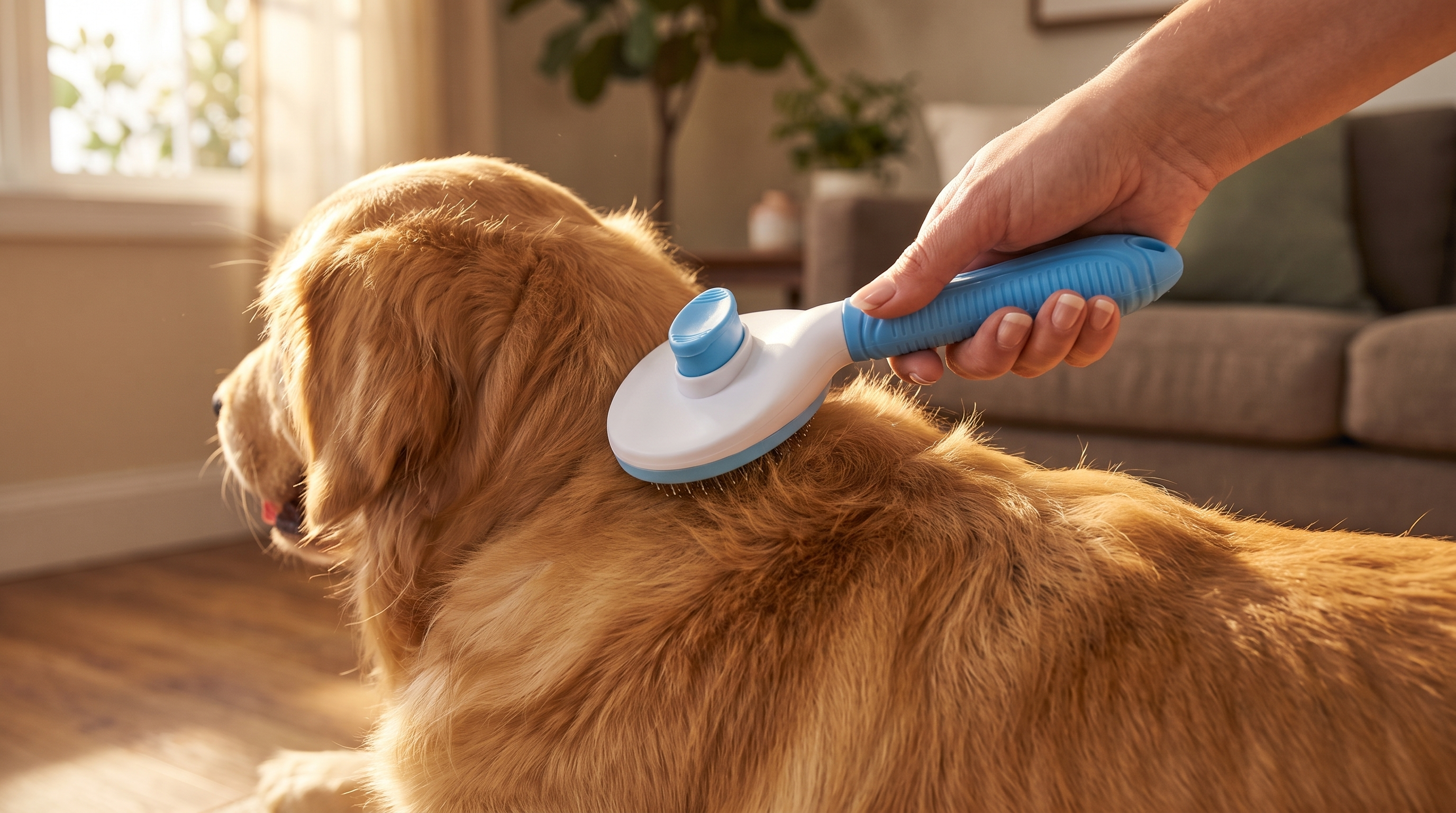 Donna spazzola un golden retriever con la Spazzola Autopulente Pilumo, setole a contatto con il pelo
