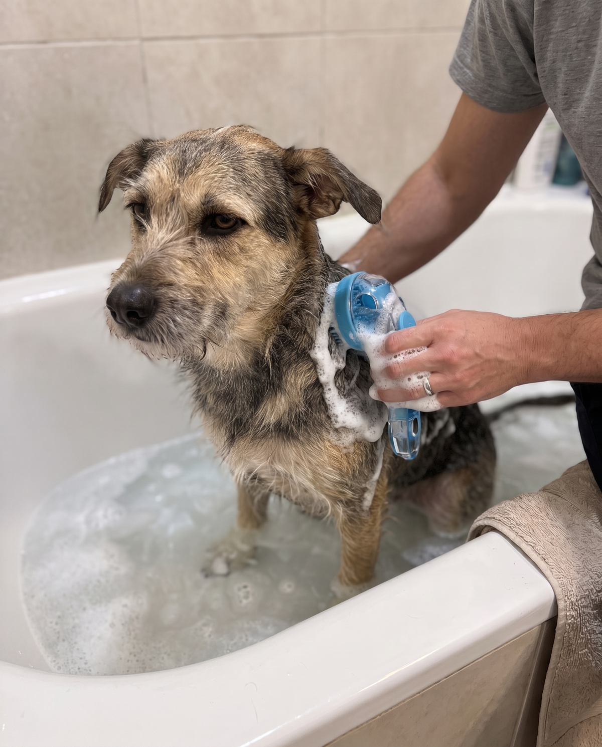 Recensione David - cane rilassato lavato con spazzola blu con dispenser shampoo