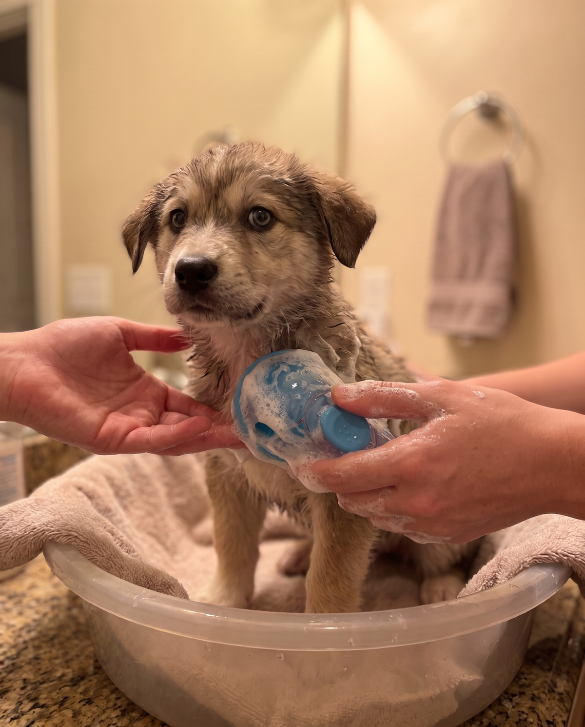 Recensione Sofia - cucciolo lavato con spazzola blu con dispenser shampoo