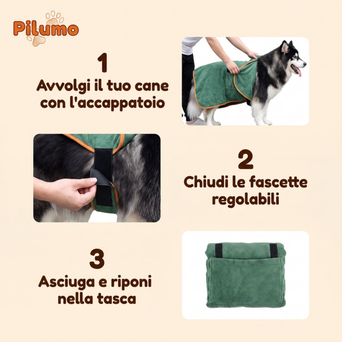 Come usare l'accappatoio asciugamano Pilumo