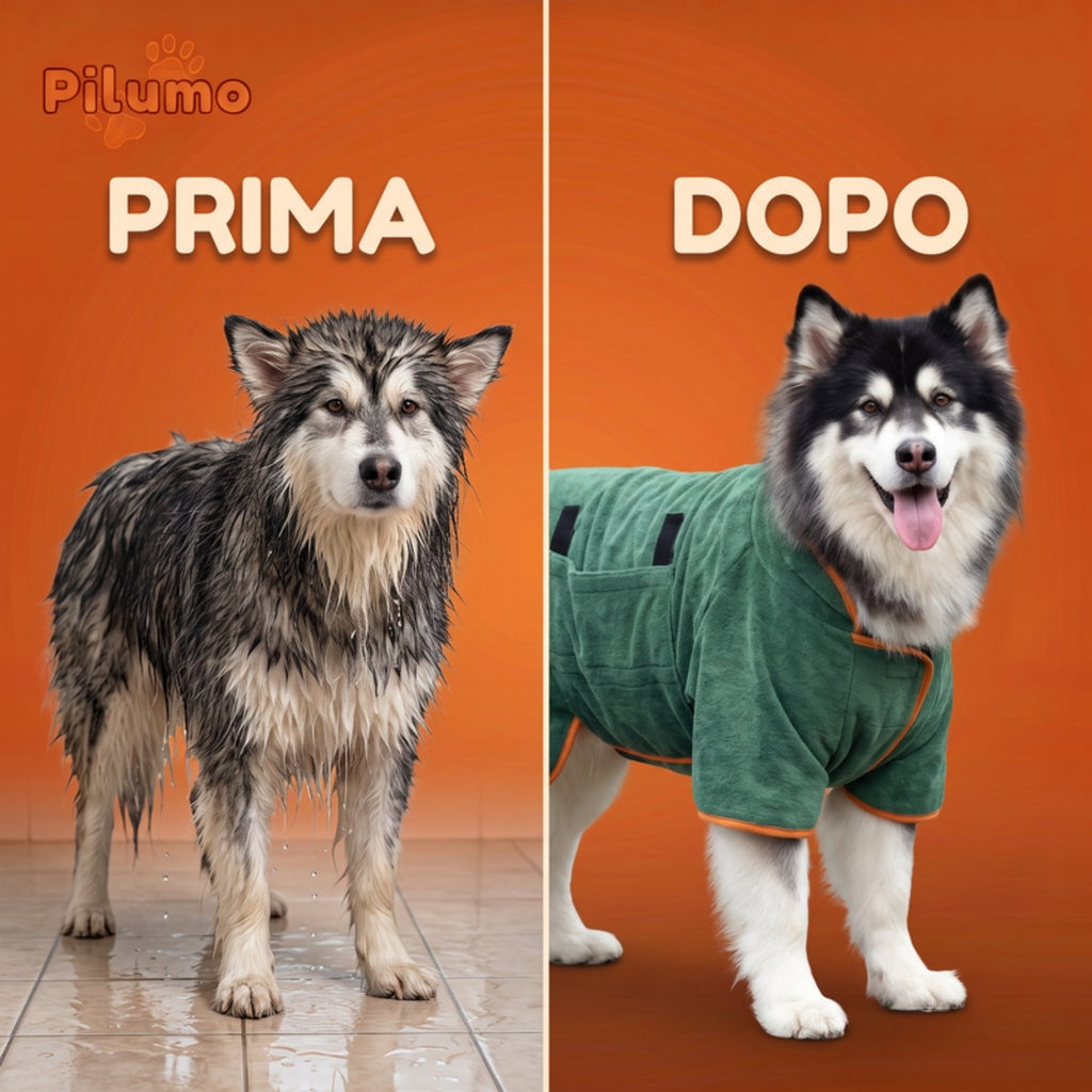 Prima e dopo l'uso dell'accappatoio asciugamano Pilumo