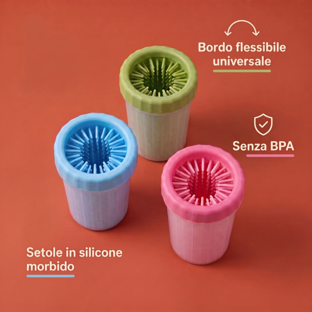Bicchiere Lava-Zampe Pilumo - confronto colori azzurro verde rosa e benefici del prodotto