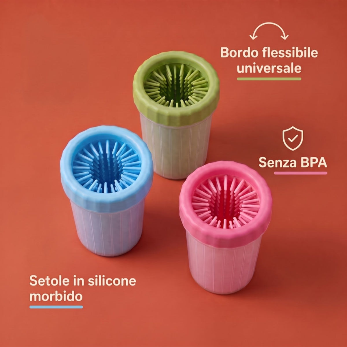 Bicchiere Lava-Zampe Pilumo - confronto colori azzurro verde rosa e benefici del prodotto