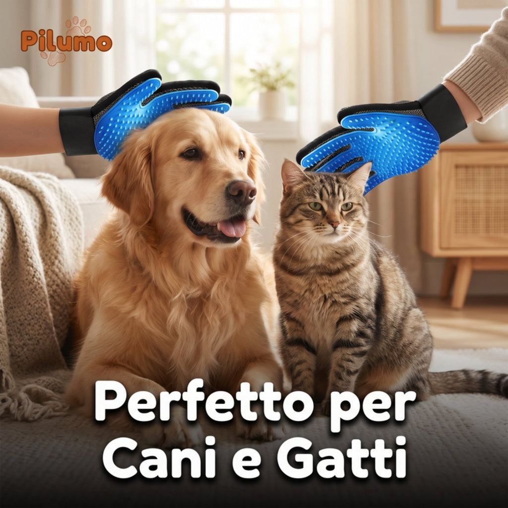 Guanti Pilumo in uso su un cane e un gatto