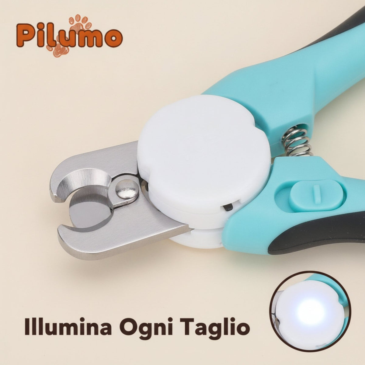 Dettaglio lama e luce LED tagliaunghie Pilumo
